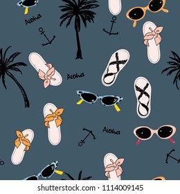 Fashion vector  beach summer element and accessories on a dark blue background.,Palm tree, anchor,aloha, sandals, sunglasses,Seamless pattern.