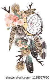 Fashion vector bohemian dreamcatcher with feathers and wild roses