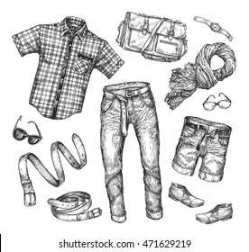 Fashion. Vector collection of men clothing. Hand-drawn sketch shirt, jacket, shorts, shoes, boots, jeans, pants, scarf, belt, glasses, watches, bag