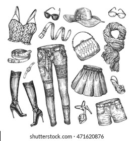 Fashion. Vector collection of women clothing. Hand-drawn sketch skirt, top, handbag, shorts, belt, boots, scarf, hat, shoes, t-shirt, glasses, watches