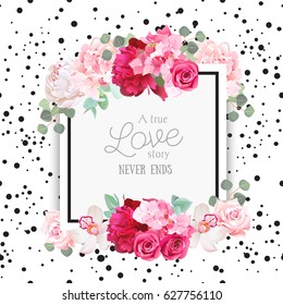 Fashion vector design square card with black confetti background. White and burgundy red peony, pink roses and hydrangea flowers, orchid, eucalyptus leaves. All elements are isolated and editable.