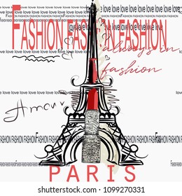 Fashion vector with Eifel tower, Paris, lipstick and words. Capital of style