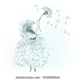 Fashion vector female illustration with elegant girl fairy holding dandelion