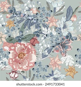 Fashion vector floral gentle blue and pink hydrangea flowers pattern