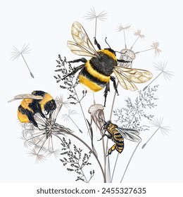 Fashion vector floral illustration with bumblebee and plants