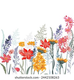 Fashion vector floral illustration with garden and meadow flowers