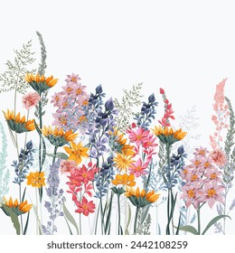 Fashion vector floral illustration with wild flowers