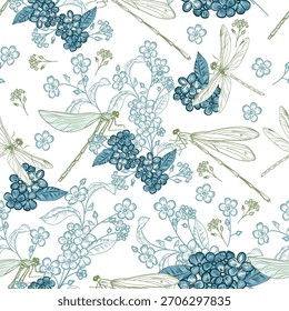 Moda vetor padrão floral com libélulas azuis e flores, estilo de impressão sem emenda toile de jouy
