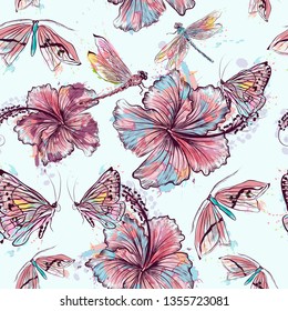 Fashion vector floral pattern from hibiscus flowers and dragonflies