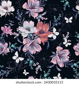 Fashion vector floral seamless pattern with elegant flowers