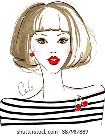 Fashion vector girl. Beautiful woman. Cute and young model with red lips. 