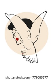 Fashion vector girl. Beauty portrait. Pretty lady. Red lips. Cute woman. Elegant and glamour model.Face and Bird.Peace.