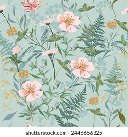 Fashion vector hand drawn pattern with pastel pink flowers on light green background