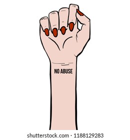 Fashion Vector hipster style poster of woman's fist. Girls power lettering with logo design elements isolated from white background. No Abuse lettering. Feminism ideas Illustration