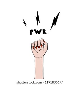 Fashion Vector hipster style poster of woman's fist. Girls power lettering with logo design elements isolated from white background. Feminism ideas Illustration. Design and print for T shirts