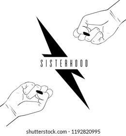 Fashion Vector illustration about feminism. Hands and signs: Gender equality. Girls rule. Girl power. Sisterhood. Fight like a girl. Feminism Power Symbol. Design t shirts, poster, textile