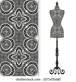Fashion vector illustration, art collection. Vintage tailor's dummy for female body and lace seamless pattern for textile fabric, paper print, invitation or business card design. Isolated elements