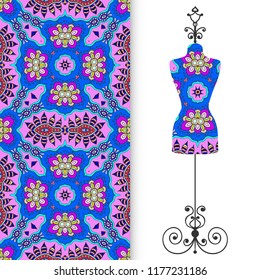 Fashion vector illustration, art collection. Vintage tailor's dummy for female body and colorful seamless pattern for textile fabric, paper print, invitation or business card design. Isolated elements