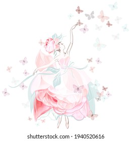 Fashion vector illustration with ballerina dancer in pink rose dress and butterflies