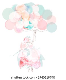 Fashion vector illustration with beautiful girl in rose dress holding balloons