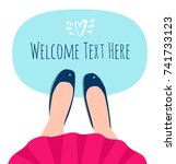Fashion vector illustration of beauty girl legs. Woman in red dress and shoes. View from above. Welcome banner. View from above