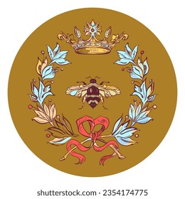 Fashion vector illustration with bee, crown, flowers, bow. Illustration for fabric, wallpaper, cover, cards, clothes. - Vector.