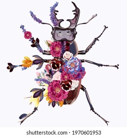 Fashion vector illustration with beetle and flowers in vintage style