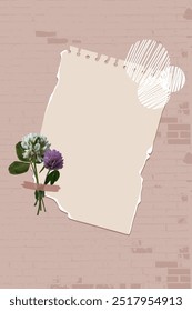 Fashion vector illustration. Bright colored scotch tape for frame. Collage frame, vector flowers, textured background and torn paper . Modern trendy retro style. Vector illustration