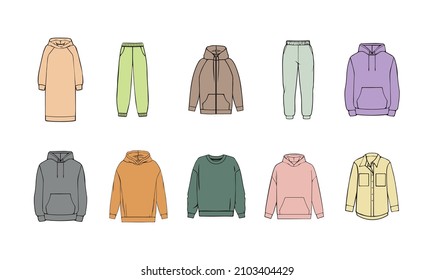 
fashion. vector illustration of clothes icons. design. pastel colors. pants, hoodie, suit, sweatshirt, dress, trousers with pockets. icon. collection. style