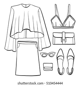 Fashion vector illustration, clothes, objects, blouse, skirt, bra, shoes, glasses, cream, bag