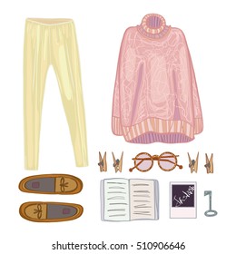 Fashion vector illustration, clothes, objects, trousers, sweater, shoes, glasses, book, photo, key, pins