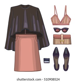 Fashion vector illustration, clothes, objects, blouse, skirt, bra, shoes, glasses, cream, bag