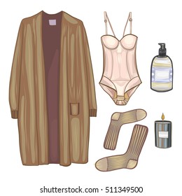 Fashion vector illustration, clothes, objects, long sweater, socks, candle, corset, underwear, bottle