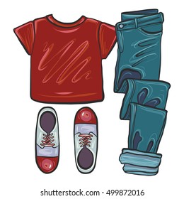 Fashion vector illustration, clothes, red t-shirt, jeans, sneakers