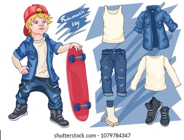 Fashion vector illustration with cool boy. Fashionable guy with skateboard. Set clothes and different accessory, t-shirt, jeans, sneakers, socks. Isolated vogue fashion elements. Fashion for children.