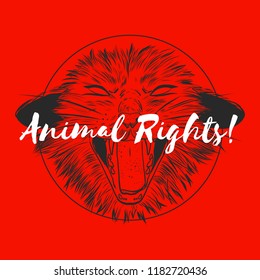 Fashion Vector illustration. Design and print for T-shirts on the theme of the struggle for animal rights, Wild Power. T-shirt for vegans. A furious cat in the style of ink. Animal liberation logo