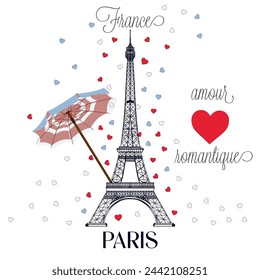 Ilustración vectorial de moda con torre Eiffel, paraguas y corazones