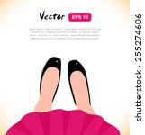 Fashion vector illustration of elegant girls legs. Woman in red dress and black shoes. View from above. View from the top. Unusual view