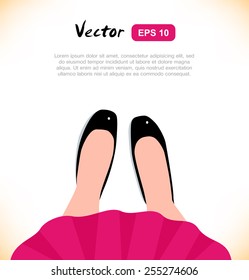 Fashion Vector Illustration Of Elegant Girls Legs. Woman In Red Dress And Black Shoes. View From Above. View From The Top. Unusual View