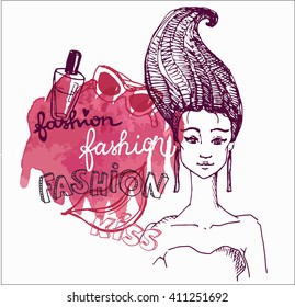 Fashion vector illustration. Fashion elements set. Watercolor background.