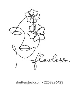 Fashion vector illustration. Flawless word handwritten lettering. Hand drawn woman face with flowers. One line continuous drawing. Quote, slogan, saying. Calligraphic text design, print, poster, logo.