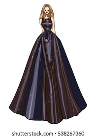 Fashion vector illustration, girl, woman, posing, modern clothes, style, trendy, model in dark blue dress 