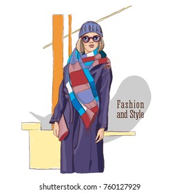 Fashion vector illustration. Hand drawn sketch. Stylish young woman in trendy clothes. Oversize coat, bright scarf and sunglasses.