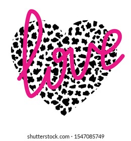 Fashion Vector illustration heart shape. Heart with leopard Black print texture pattern. modern pink Lettering love with exotic animal skin texture. Trendy animal wild heart leopard print for t-shirt