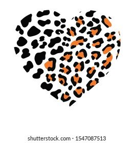 Fashion Vector illustration heart shape. Heart with leopard black and orange print texture pattern. modern exotic animal skin texture. Trendy animal wild heart panther or jiraffe print for t-shirt