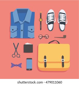 Fashion, vector illustration, icon set: shirt, watches, shoes, glasses, wallet, scissors, phone, pipe, bag, bow