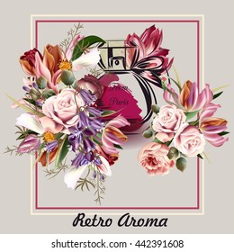 Fashion vector illustration invitation or T-shirt print with perfume flowers and roses retro aroma detailed vintage stylish design