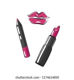 fashion vector illustration of lips, lipstick and lip pencil isolated on white background