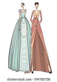 Fashion vector illustration, models in modern clothes, dress, posing