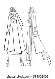 Fashion vector illustration, models, posing, women in modern clothes